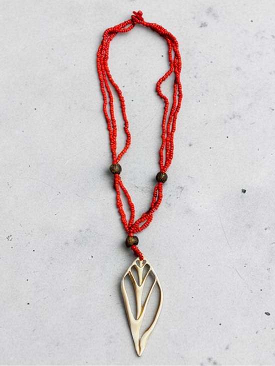 Jewelry - Boho Carved Sliced Conch Shell Pendant Red Seed Bead Multi Strand Necklace